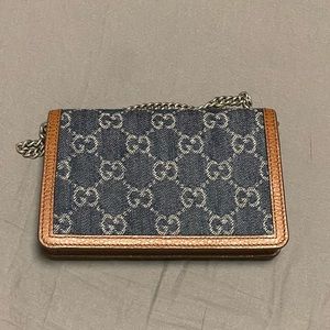 Gucci Denim Monogram Mini Dionysus Chain Wallet Blue Tea Cuir